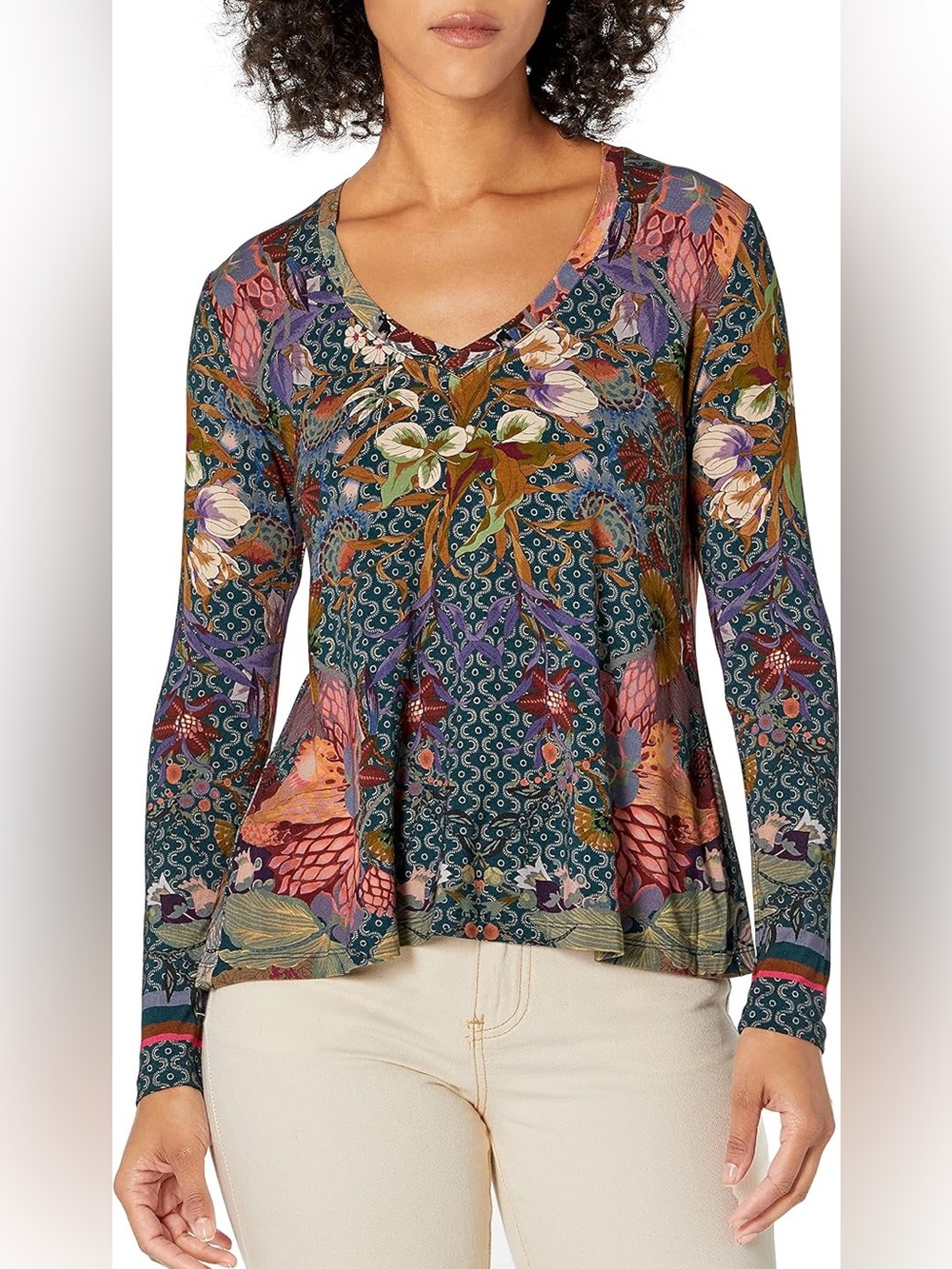 Johnny Was Multicolor Floral V-Neck Long Sleeve Top